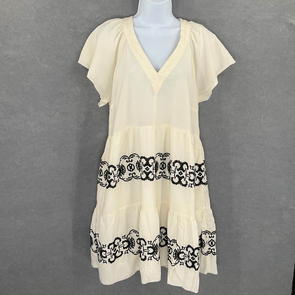 Old Navy Womens Dress Sz L‎ Cream Black Embroidered Tiered V Neck Bohemian